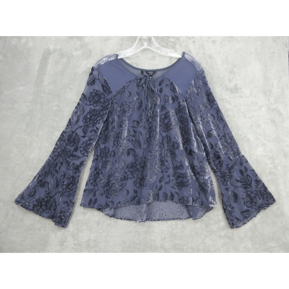 Buffalo David Bitton Top Womens Size XS Velvet Floral Bell Sleeve Blue Babydoll